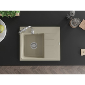 Jednodřezový žulový dřez Mexen Ben s odkapávačem, levý, 600 x 500 mm, béžový, chromovaný sifon - 6522605000-69