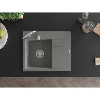 Jednodřezový žulový dřez Mexen Ben s odkapávačem, levý, 600 x 500 mm, šedý, chromovaný sifon - 6522605000-71