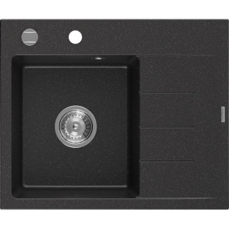 Jednodřezový žulový dřez Mexen Ben s odkapávačem, levý, 600 x 500 mm, černá/stříbrná metalíza, chromovaný sifon - 6522605000-73