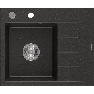 Jednodřezový žulový dřez Mexen Ben s odkapávačem, levý, 600 x 500 mm, černá/zlatá metalíza, chromovaný sifon - 6522605000-75