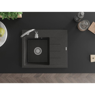 Jednodřezový žulový dřez Mexen Ben s odkapávačem, levý, 600 x 500 mm, tečkovaná černá, chromovaný sifon - 6522605000-76