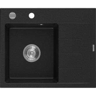 Jednodřezový žulový dřez Mexen Ben s odkapávačem, levý, 600 x 500 mm, černý, chromovaný sifon - 6522605000-77
