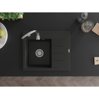 Jednodřezový žulový dřez Mexen Ben s odkapávačem, levý, 600 x 500 mm, černý, chromovaný sifon - 6522605000-77