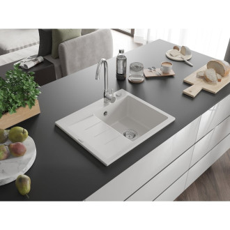 Jednodřezový žulový dřez Mexen Ben s odkapávačem, pravý, 600 x 500 mm, bílý, chromovaný sifon - 6523605000-20