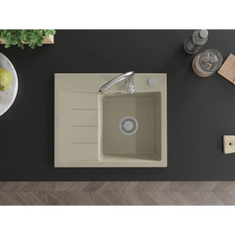 Jednodřezový žulový dřez Mexen Ben s odkapávačem, pravý, 600 x 500 mm, béžový, chromovaný sifon - 6523605000-69