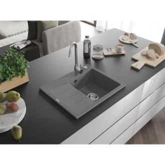 Jednodřezový žulový dřez Mexen Ben s odkapávačem, pravý, 600 x 500 mm, šedý, chromovaný sifon - 6523605000-71