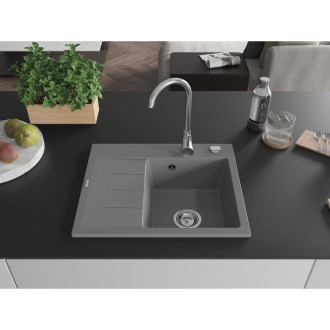 Jednodřezový žulový dřez Mexen Ben s odkapávačem, pravý, 600 x 500 mm, šedý, chromovaný sifon - 6523605000-71