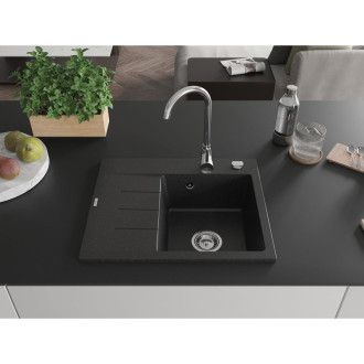 Jednodřezový žulový dřez Mexen Ben s odkapávačem, pravý, 600 x 500 mm, černá/stříbrná metalíza, chromovaný sifon - 6523605000-73