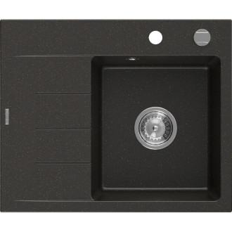 Jednodřezový žulový dřez Mexen Ben s odkapávačem, pravý, 600 x 500 mm, černá/zlatá metalíza, chromovaný sifon - 6523605000-75