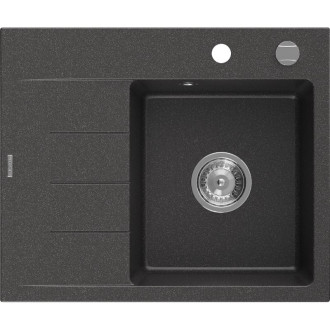 Jednodřezový žulový dřez Mexen Ben s odkapávačem, pravý, 600 x 500 mm, tečkovaná černá, chromovaný sifon - 6523605000-76