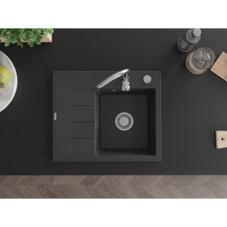 Jednodřezový žulový dřez Mexen Ben s odkapávačem, pravý, 600 x 500 mm, tečkovaná černá, chromovaný sifon - 6523605000-76