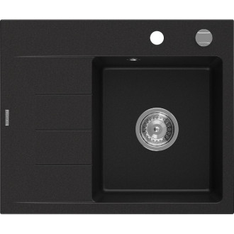 Jednodřezový žulový dřez Mexen Ben s odkapávačem, pravý, 600 x 500 mm, černý, chromovaný sifon - 6523605000-77