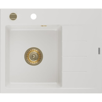 Jednodřezový žulový dřez Mexen Ben s odkapávačem, levý, 600 x 500 mm, bílý, zlatý sifon - 6522605000-20-G