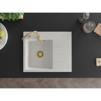 Jednodřezový žulový dřez Mexen Ben s odkapávačem, levý, 600 x 500 mm, bílý, zlatý sifon - 6522605000-20-G