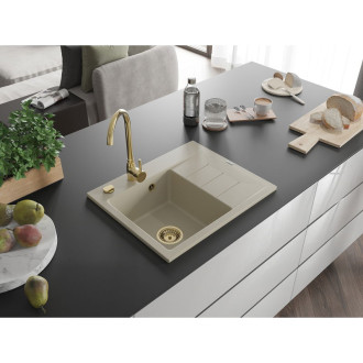 Jednodřezový žulový dřez Mexen Ben s odkapávačem, levý, 600 x 500 mm, béžový, zlatý sifon - 6522605000-69-G