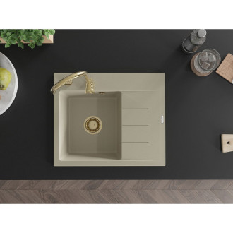 Jednodřezový žulový dřez Mexen Ben s odkapávačem, levý, 600 x 500 mm, béžový, zlatý sifon - 6522605000-69-G