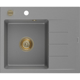 Jednodřezový žulový dřez Mexen Ben s odkapávačem, levý, 600 x 500 mm, šedý, zlatý sifon - 6522605000-71-G