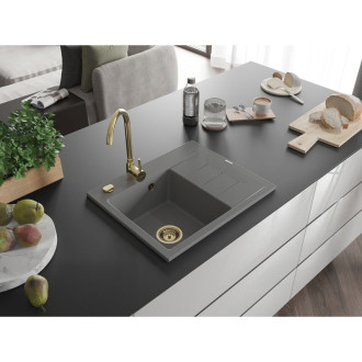 Jednodřezový žulový dřez Mexen Ben s odkapávačem, levý, 600 x 500 mm, šedý, zlatý sifon - 6522605000-71-G