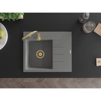 Jednodřezový žulový dřez Mexen Ben s odkapávačem, levý, 600 x 500 mm, šedý, zlatý sifon - 6522605000-71-G