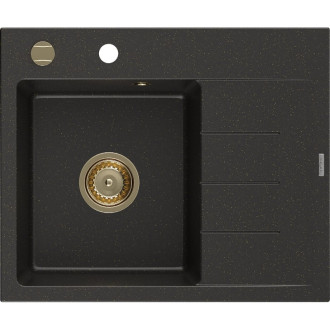 Jednodřezový žulový dřez Mexen Ben s odkapávačem, levý, 600 x 500 mm, černá/zlatá metalíza, zlatý sifon - 6522605000-75-G
