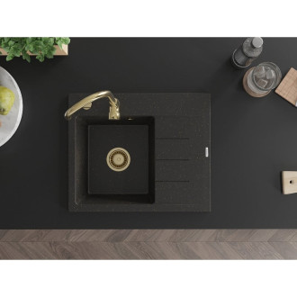 Jednodřezový žulový dřez Mexen Ben s odkapávačem, levý, 600 x 500 mm, černá/zlatá metalíza, zlatý sifon - 6522605000-75-G