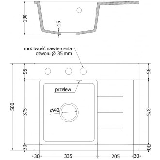 Jednodřezový žulový dřez Mexen Ben s odkapávačem, levý, 600 x 500 mm, černá/zlatá metalíza, zlatý sifon - 6522605000-75-G