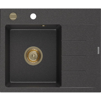 Jednodřezový žulový dřez Mexen Ben s odkapávačem, levý, 600 x 500 mm, černá tečka, zlatý sifon - 6522605000-76-G
