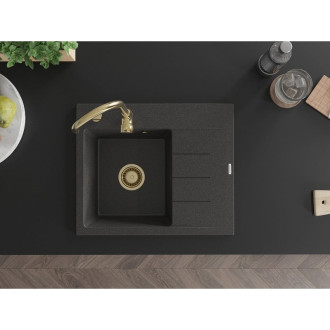 Jednodřezový žulový dřez Mexen Ben s odkapávačem, levý, 600 x 500 mm, černá tečka, zlatý sifon - 6522605000-76-G