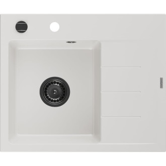 Jednodřezový žulový dřez Mexen Ben s odkapávačem, levý, 600 x 500 mm, bílý, černý sifon - 6522605000-20-B