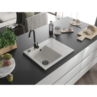 Jednodřezový žulový dřez Mexen Ben s odkapávačem, levý, 600 x 500 mm, bílý, černý sifon - 6522605000-20-B