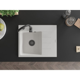 Jednodřezový žulový dřez Mexen Ben s odkapávačem, levý, 600 x 500 mm, bílý, černý sifon - 6522605000-20-B