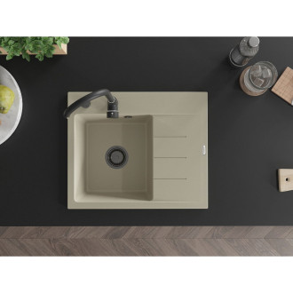 Jednodřezový žulový dřez Mexen Ben s odkapávačem, levý, 600 x 500 mm, béžový, černý sifon - 6522605000-69-B