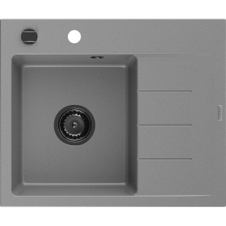 Jednodřezový žulový dřez Mexen Ben s odkapávačem, levý, 600 x 500 mm, šedý, černý sifon - 6522605000-71-B