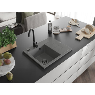 Jednodřezový žulový dřez Mexen Ben s odkapávačem, levý, 600 x 500 mm, šedý, černý sifon - 6522605000-71-B