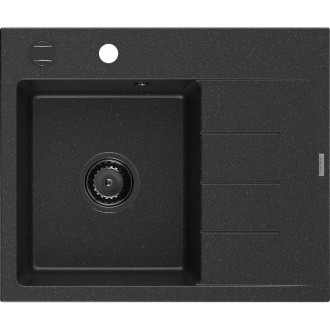 Jednodřezový žulový dřez Mexen Ben s odkapávačem, levý, 600 x 500 mm, černá/stříbrná metalíza, černý sifon - 6522605000-73-B