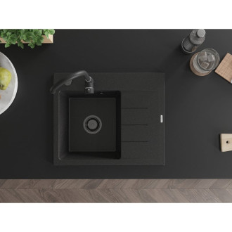 Jednodřezový žulový dřez Mexen Ben s odkapávačem, levý, 600 x 500 mm, černá/stříbrná metalíza, černý sifon - 6522605000-73-B