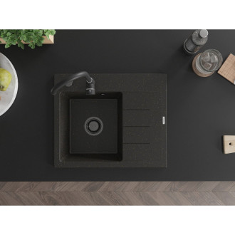Jednodřezový žulový dřez Mexen Ben s odkapávačem, levý, 600 x 500 mm, černá/zlatá metalíza, černý sifon - 6522605000-75-B