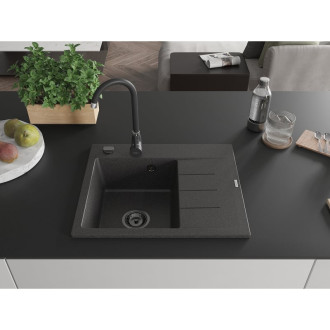 Jednodřezový žulový dřez Mexen Ben s odkapávačem, levý, 600 x 500 mm, tečkovaná černá, černý sifon - 6522605000-76-B