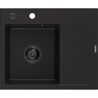 Jednodřezový žulový dřez Mexen Ben s odkapávačem, levý, 600 x 500 mm, černý, černý sifon - 6522605000-77-B
