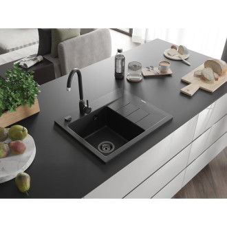 Jednodřezový žulový dřez Mexen Ben s odkapávačem, levý, 600 x 500 mm, černý, černý sifon - 6522605000-77-B