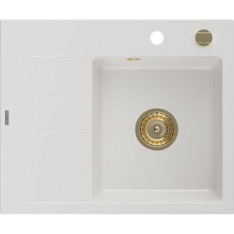 Jednodřezový žulový dřez Mexen Ben s odkapávačem, pravý, 600 x 500 mm, bílý, zlatý sifon - 6523605000-20-G