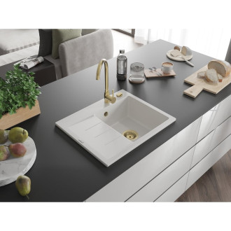 Jednodřezový žulový dřez Mexen Ben s odkapávačem, pravý, 600 x 500 mm, bílý, zlatý sifon - 6523605000-20-G