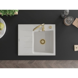 Jednodřezový žulový dřez Mexen Ben s odkapávačem, pravý, 600 x 500 mm, bílý, zlatý sifon - 6523605000-20-G
