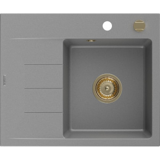 Jednodřezový žulový dřez Mexen Ben s odkapávačem, pravý, 600 x 500 mm, šedý, zlatý sifon - 6523605000-71-G