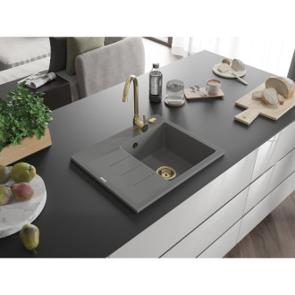 Jednodřezový žulový dřez Mexen Ben s odkapávačem, pravý, 600 x 500 mm, šedý, zlatý sifon - 6523605000-71-G