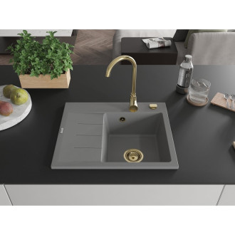 Jednodřezový žulový dřez Mexen Ben s odkapávačem, pravý, 600 x 500 mm, šedý, zlatý sifon - 6523605000-71-G