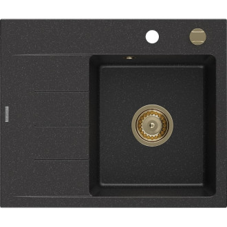 Jednodřezový žulový dřez Mexen Ben s odkapávačem, pravý, 600 x 500 mm, černá/stříbrná metalíza, zlatý sifon - 6523605000-73-G