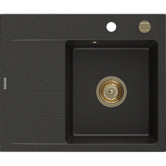 Jednodřezový žulový dřez Mexen Ben s odkapávačem, pravý, 600 x 500 mm, černá/zlatá metalíza, zlatý sifon - 6523605000-75-G
