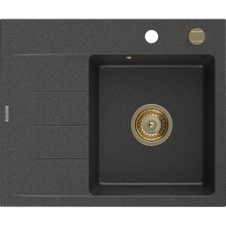 Jednodřezový žulový dřez Mexen Ben s odkapávačem, pravý, 600 x 500 mm, černá tečka, zlatý sifon - 6523605000-76-G