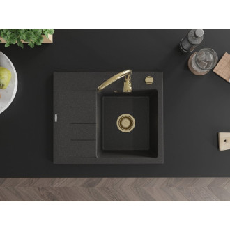 Jednodřezový žulový dřez Mexen Ben s odkapávačem, pravý, 600 x 500 mm, černá tečka, zlatý sifon - 6523605000-76-G